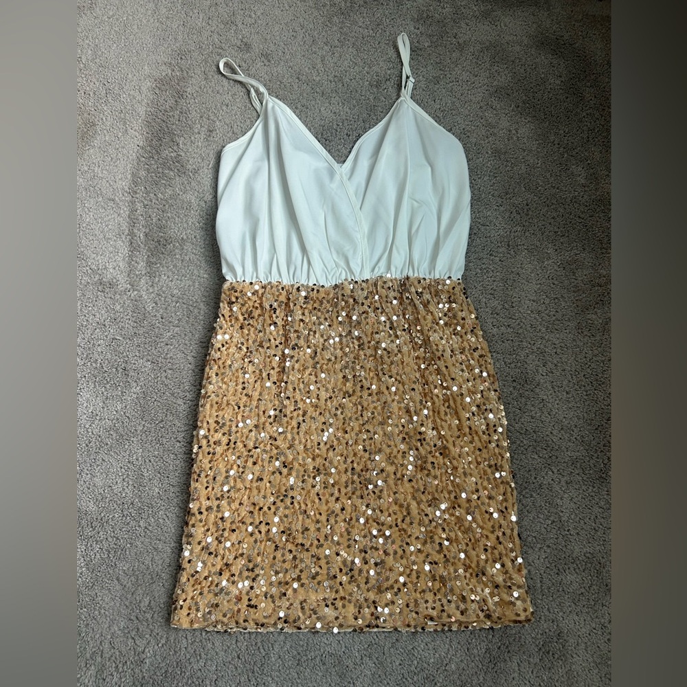 Elegant White and Gold Sequin Dress